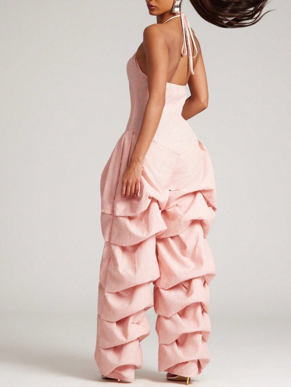 Pink Casual Women's Gathered Leg Corset Detail Halter Neckline Jumpsuit - Picture 2 of 7